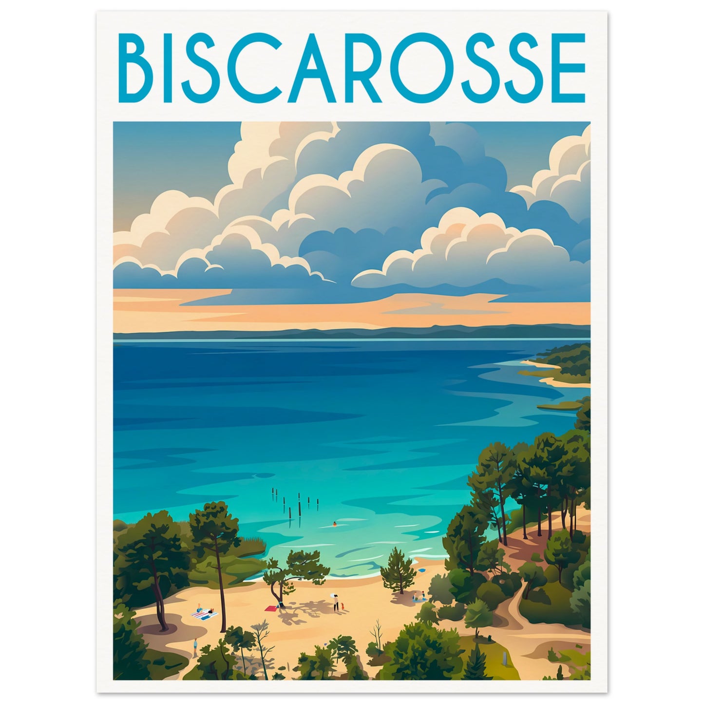 Affiche illustrée Biscarosse — poster rétro, impression beaux-arts 250g