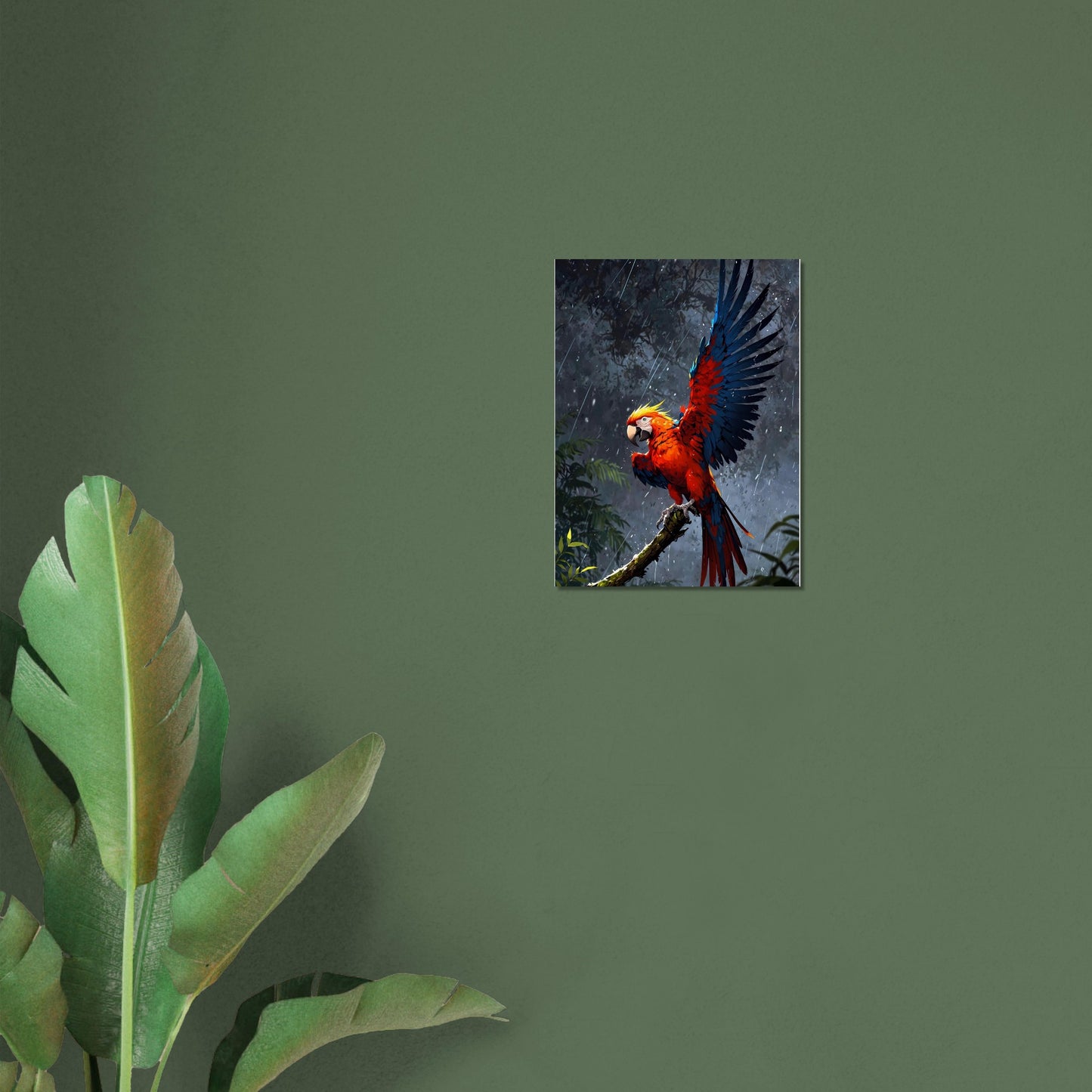 Affiche Perroquet ara rouge, mise en situation dans un intérieur (vue 3)