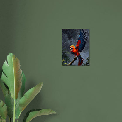 Affiche Perroquet ara rouge, mise en situation dans un intérieur (vue 3)