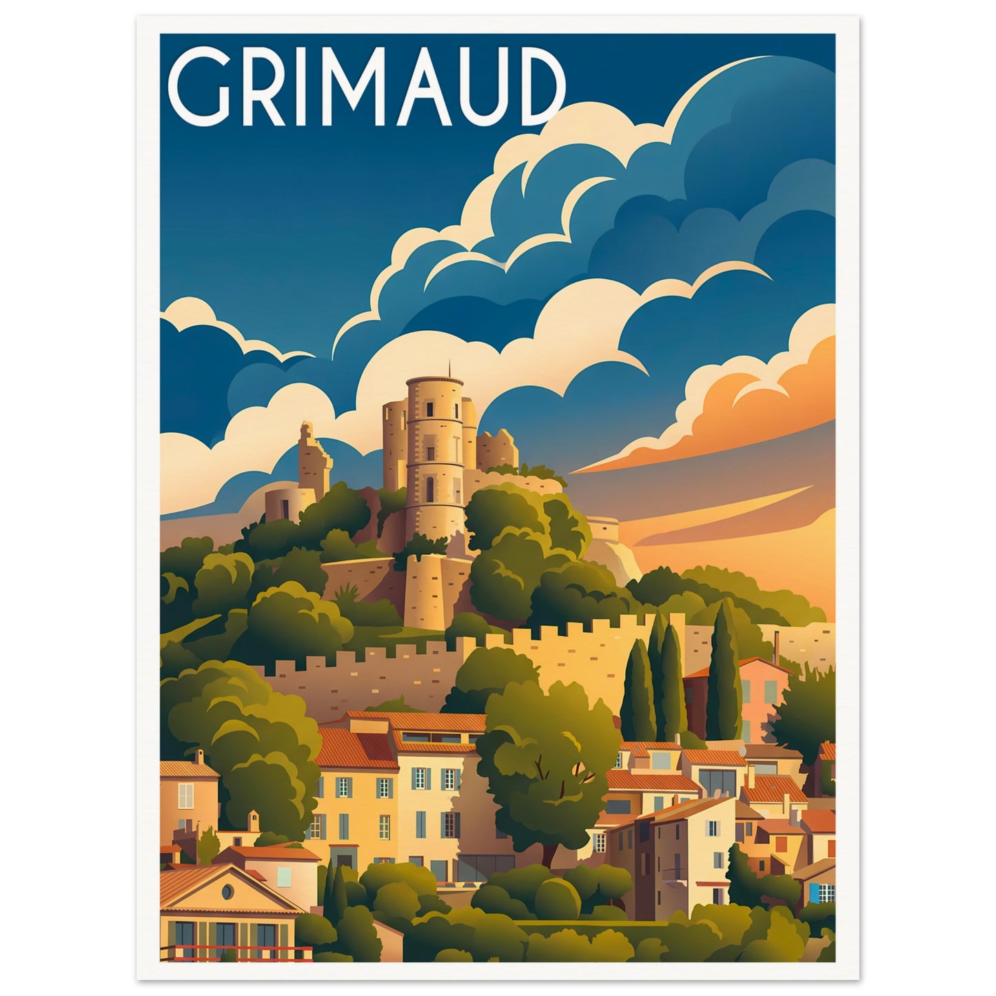 Affiche illustrée grimaud — poster rétro, impression beaux-arts 250g