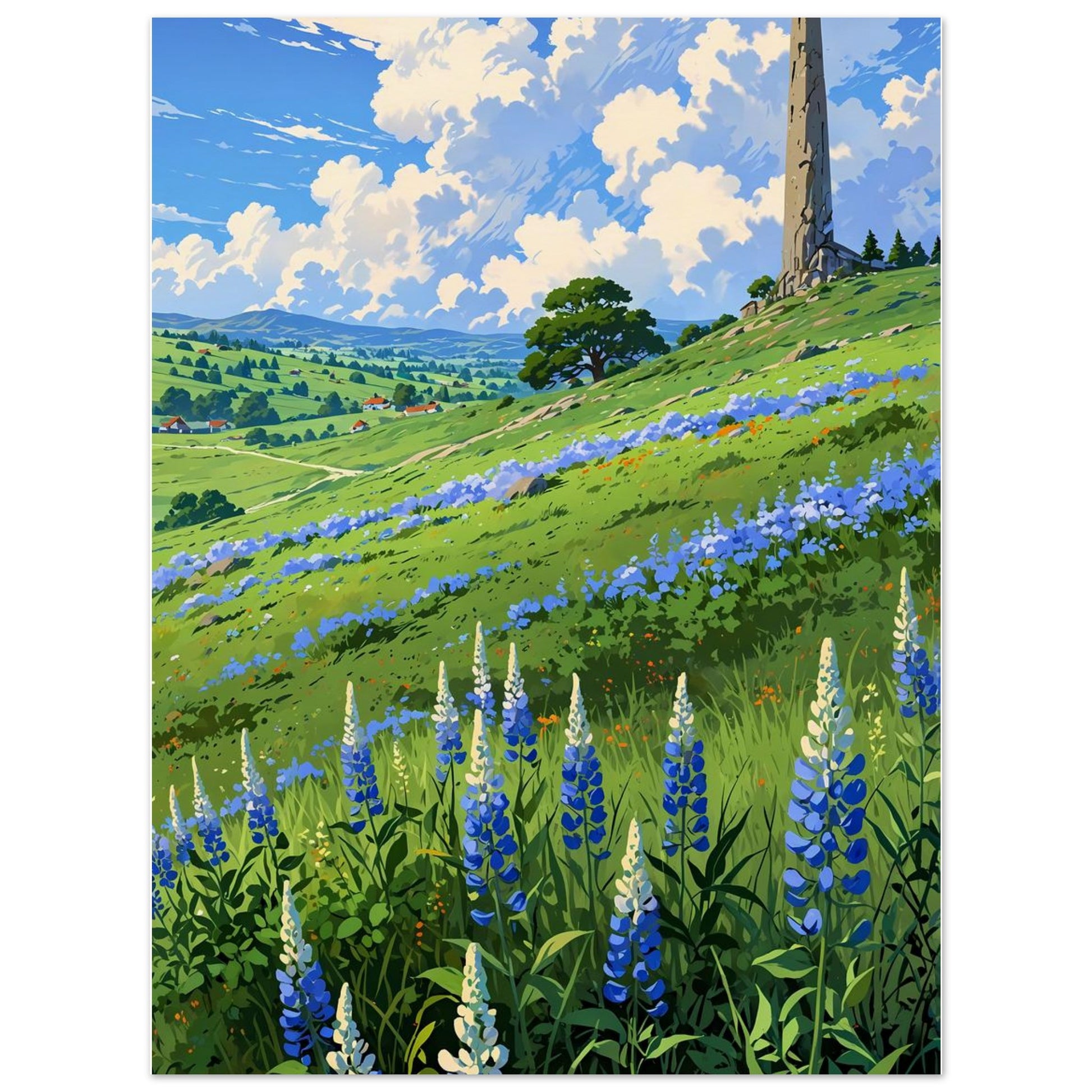 Affiche illustrée Champ de lupin bleu et violet, poster rétro, impression beaux-arts 250g