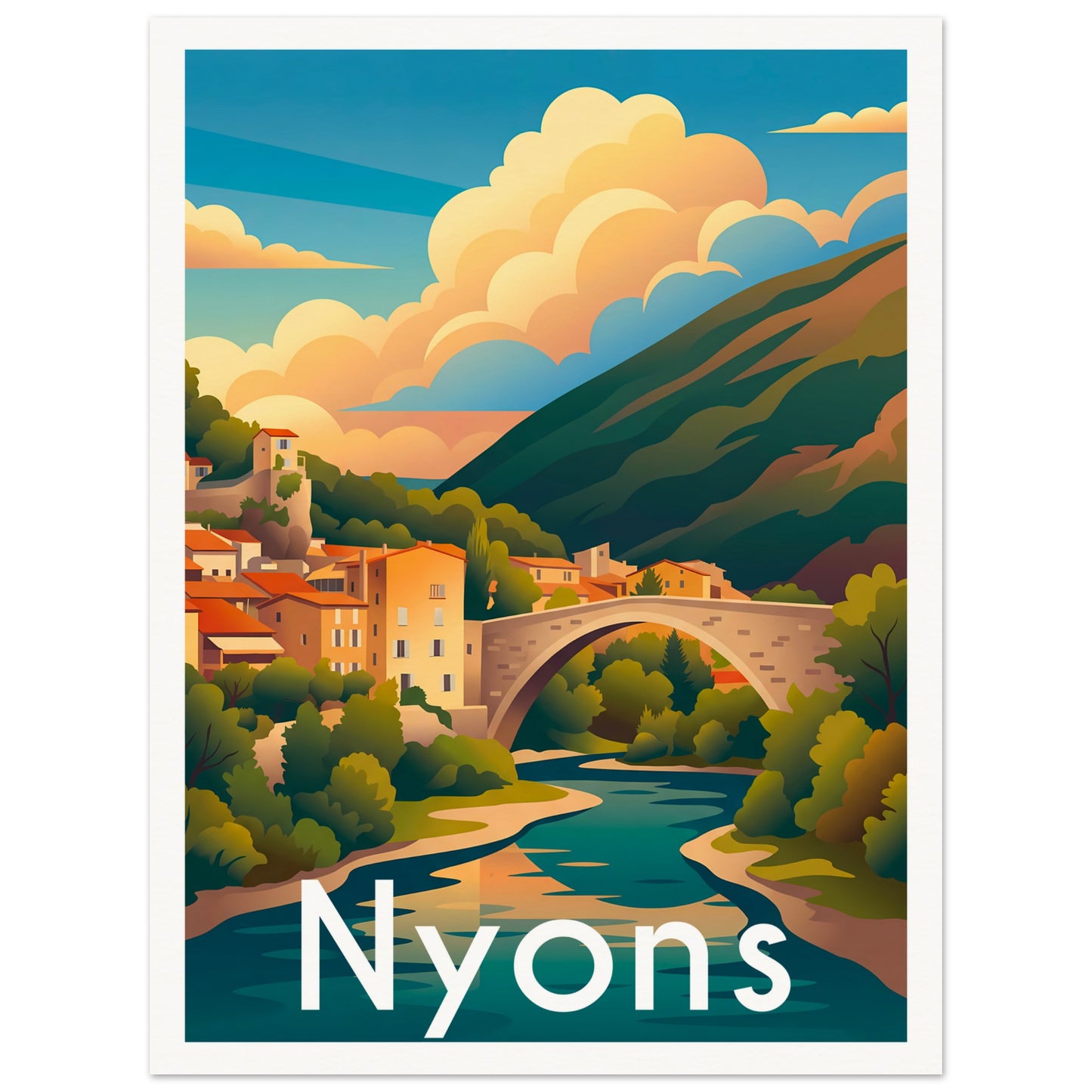 Affiche illustrée Nyons — poster rétro, impression beaux-arts 250g