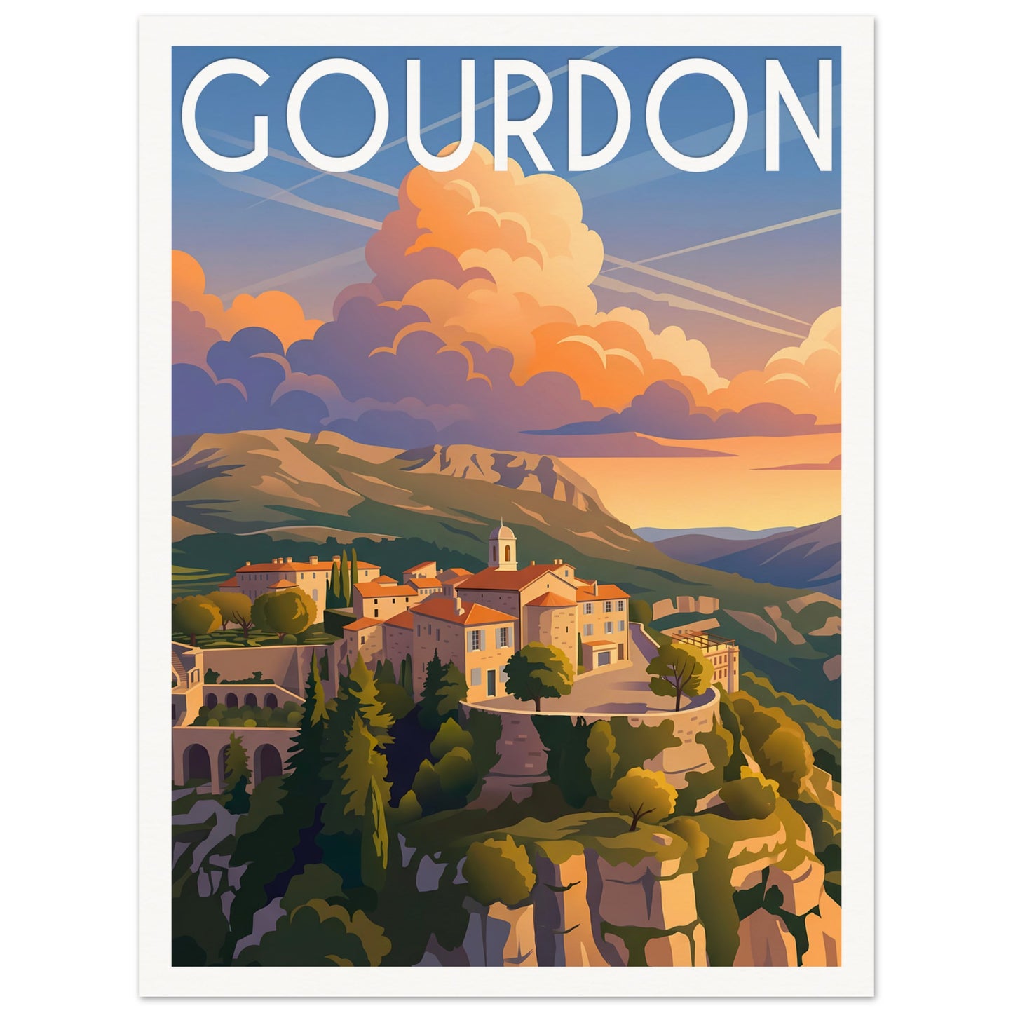 Affiche illustrée Gourdon — poster rétro, impression beaux-arts 250g