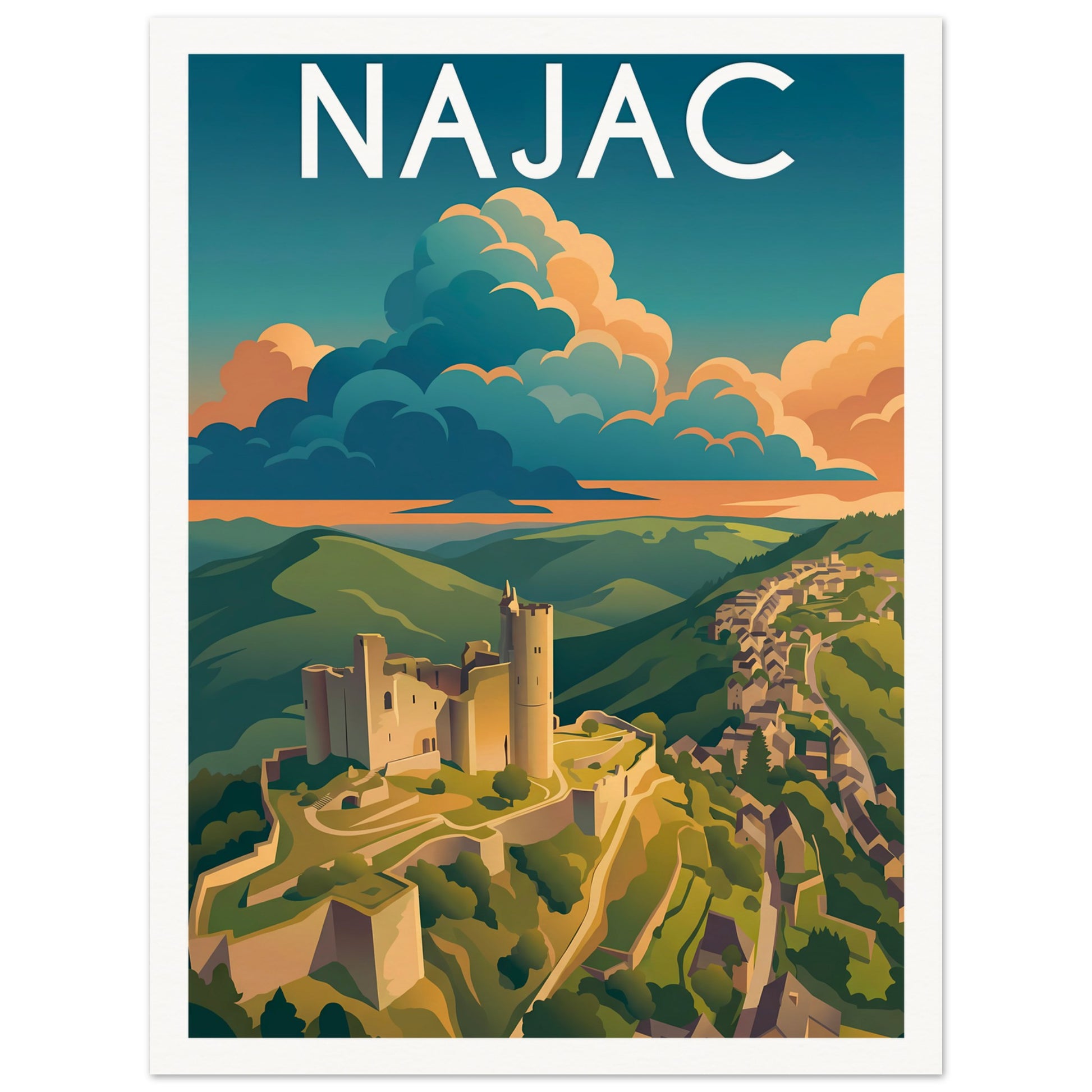 Affiche illustrée Najac, poster rétro, impression beaux-arts 250g