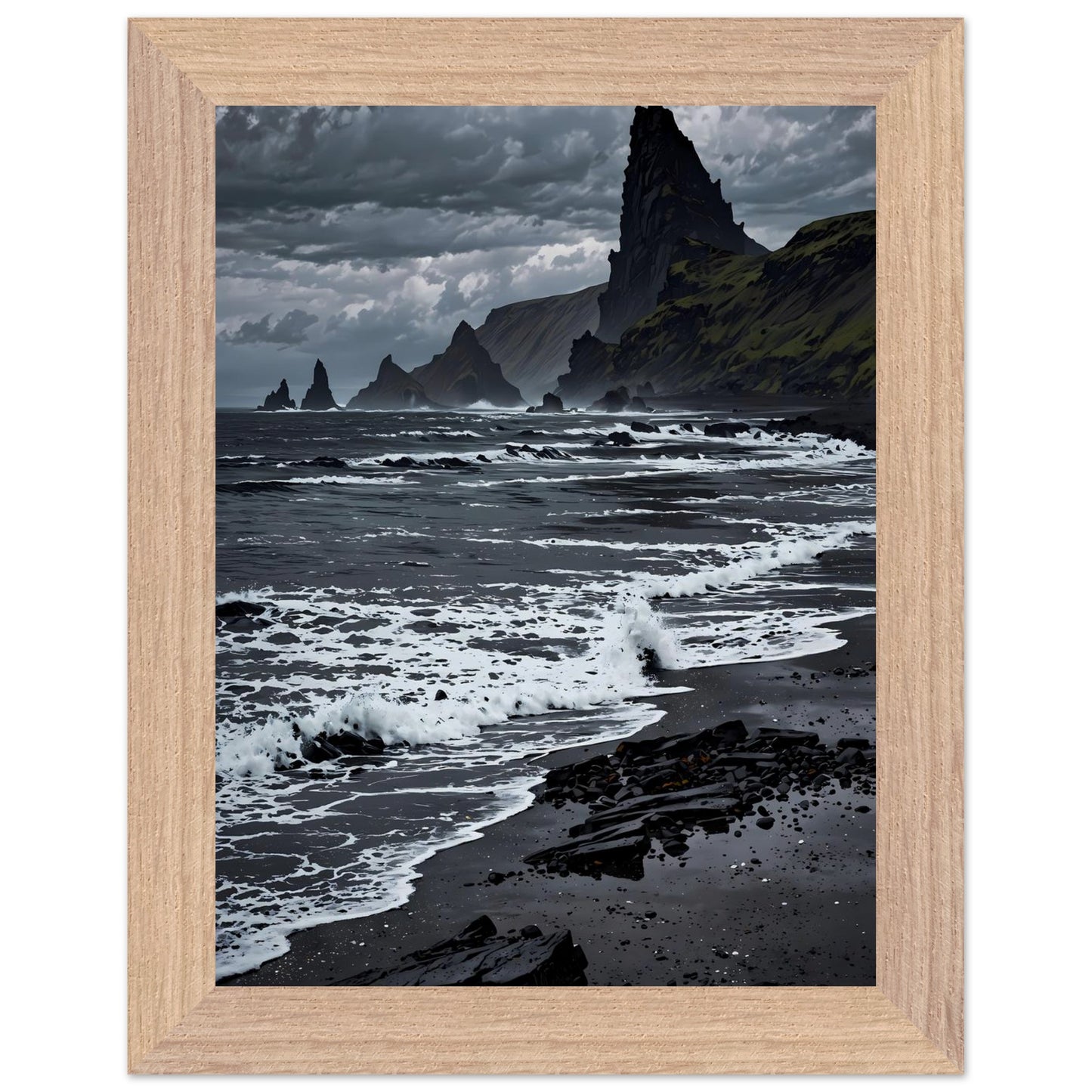 Affiche illustrée Plage de sable noir Encadrée — poster rétro, impression beaux-arts 250g