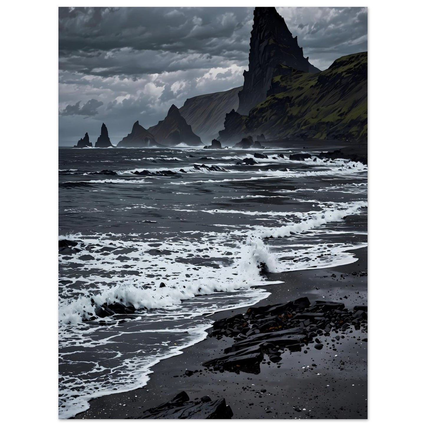 Affiche illustrée Plage de sable noir — poster rétro, impression beaux-arts 250g