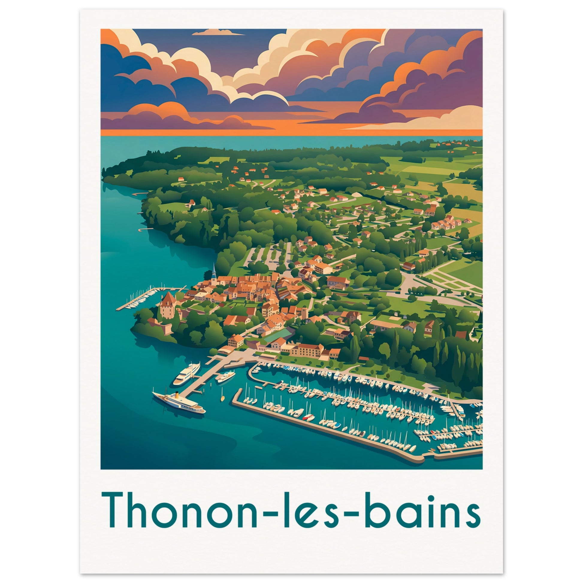 Affiche illustrée Thonon-les-Bains, poster rétro, impression beaux-arts 250g