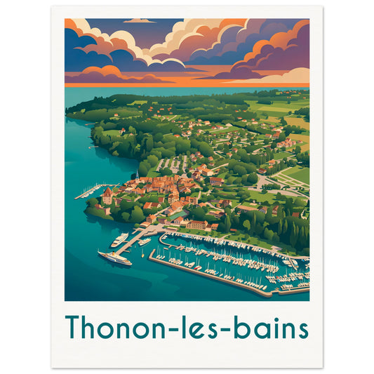 Affiche illustrée Thonon-les-Bains — poster rétro, impression beaux-arts 250g
