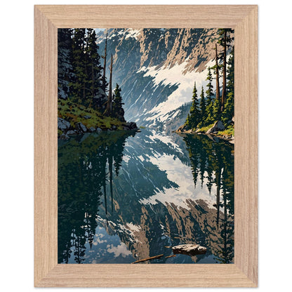 Affiche illustrée Forêt de pins et lac de montagne Encadrée — poster rétro, impression beaux-arts 250g