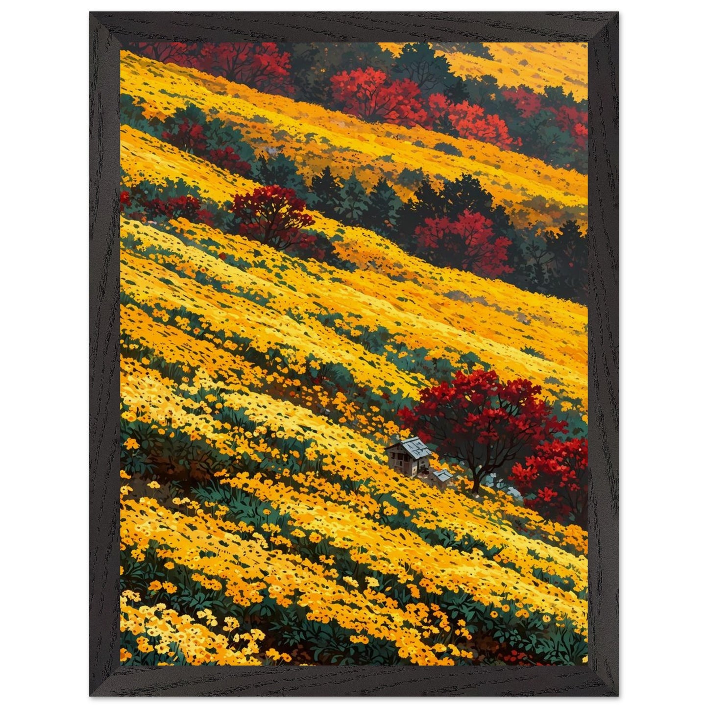 Affiche Champ de Chrysanthèmes Jaunes encadrée, cadre bois (vue 3)