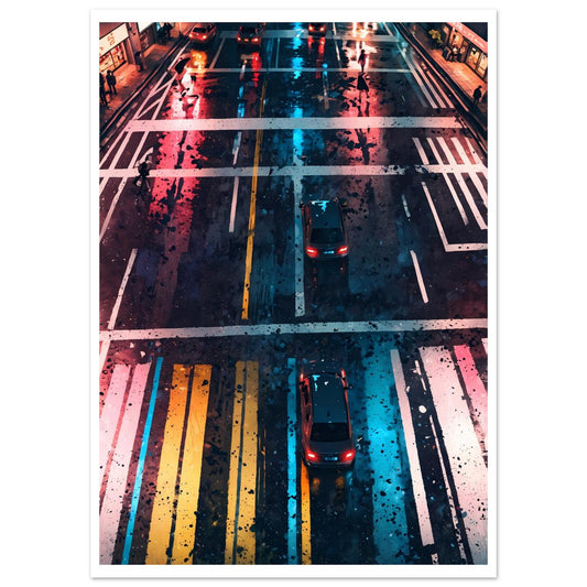 Carrefour de Tokyo, Nuit, Pluie et néons – affiche d'art décoratif, poster mural | Muchimura