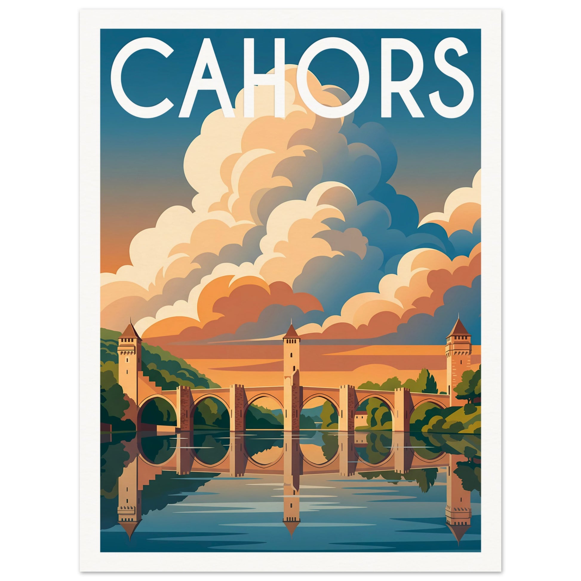 Affiche illustrée Cahors, poster rétro, impression beaux-arts 250g