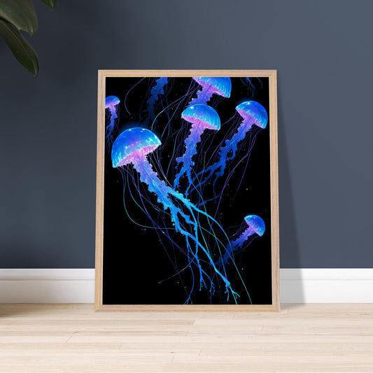 Affiche Méduse Lumineuse encadrée, cadre bois