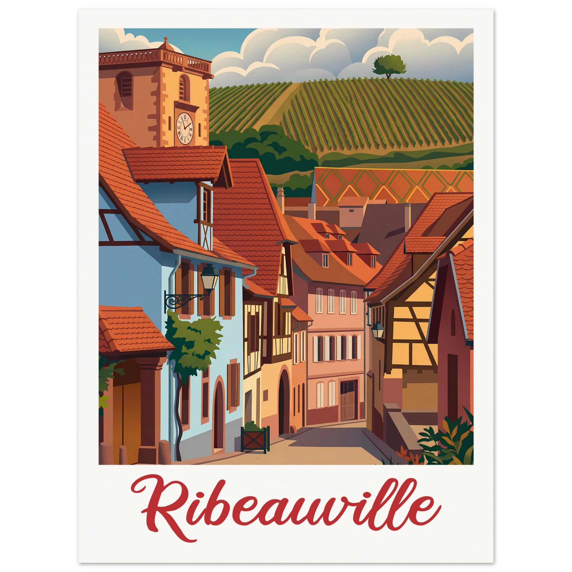 Affiche illustrée Ribeauvillé, poster rétro, impression beaux-arts 250g