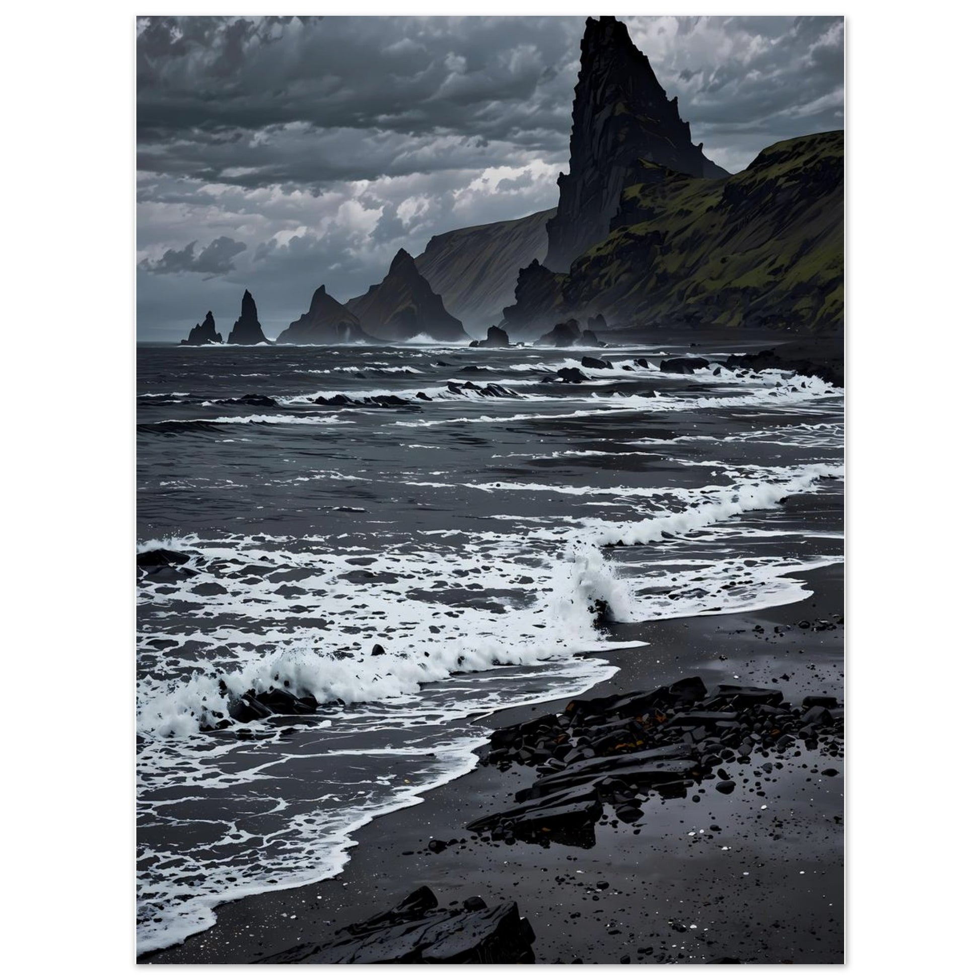 Affiche illustrée Plage de sable noir, poster rétro, impression beaux-arts 250g