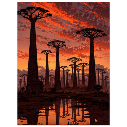 Affiche illustrée Baobabs au coucher du soleil — poster rétro, impression beaux-arts 250g