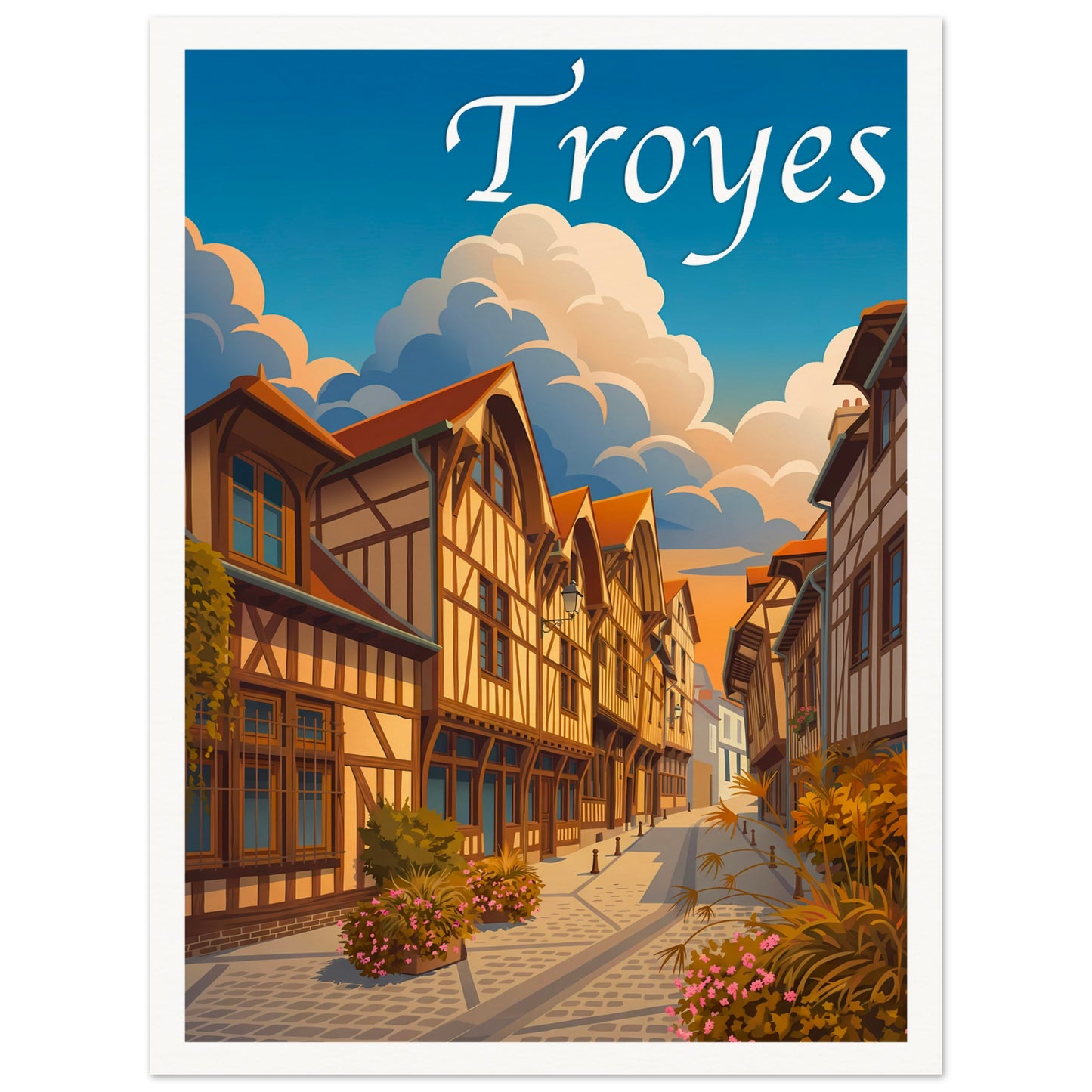 Affiche illustrée Troyes — poster rétro, impression beaux-arts 250g