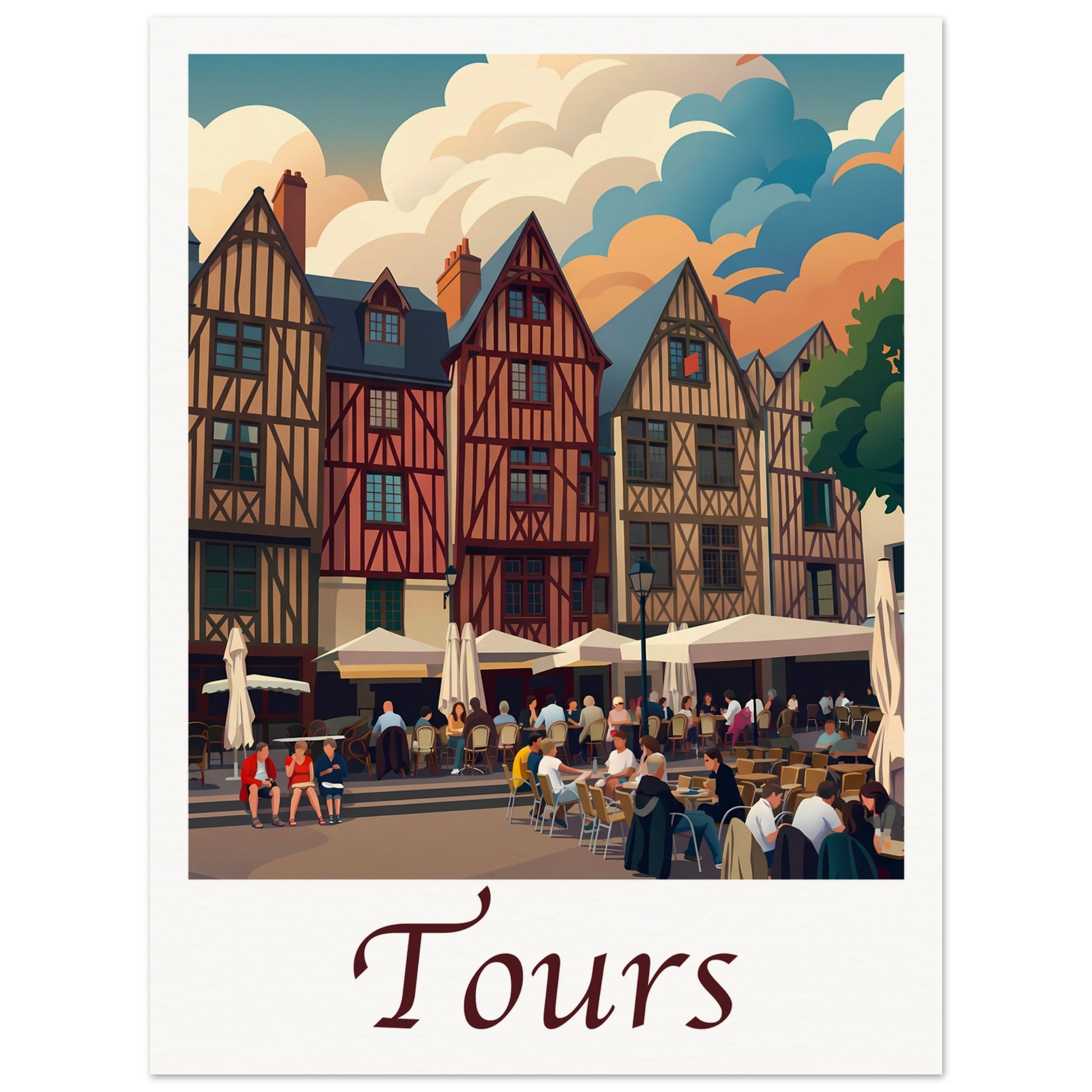 Affiche illustrée Tours, poster rétro, impression beaux-arts 250g