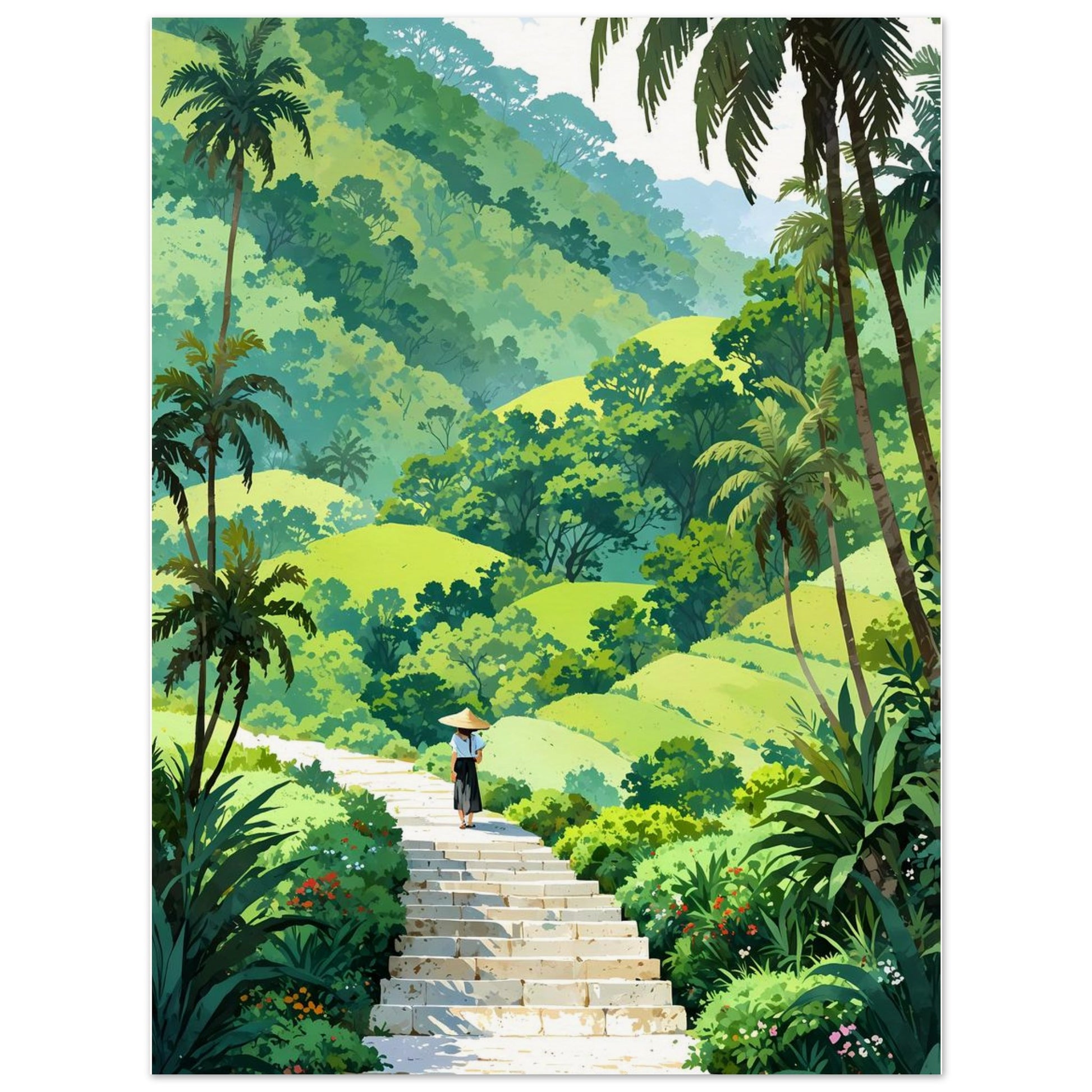 Affiche illustrée Rizière en terrasses, poster rétro, impression beaux-arts 250g