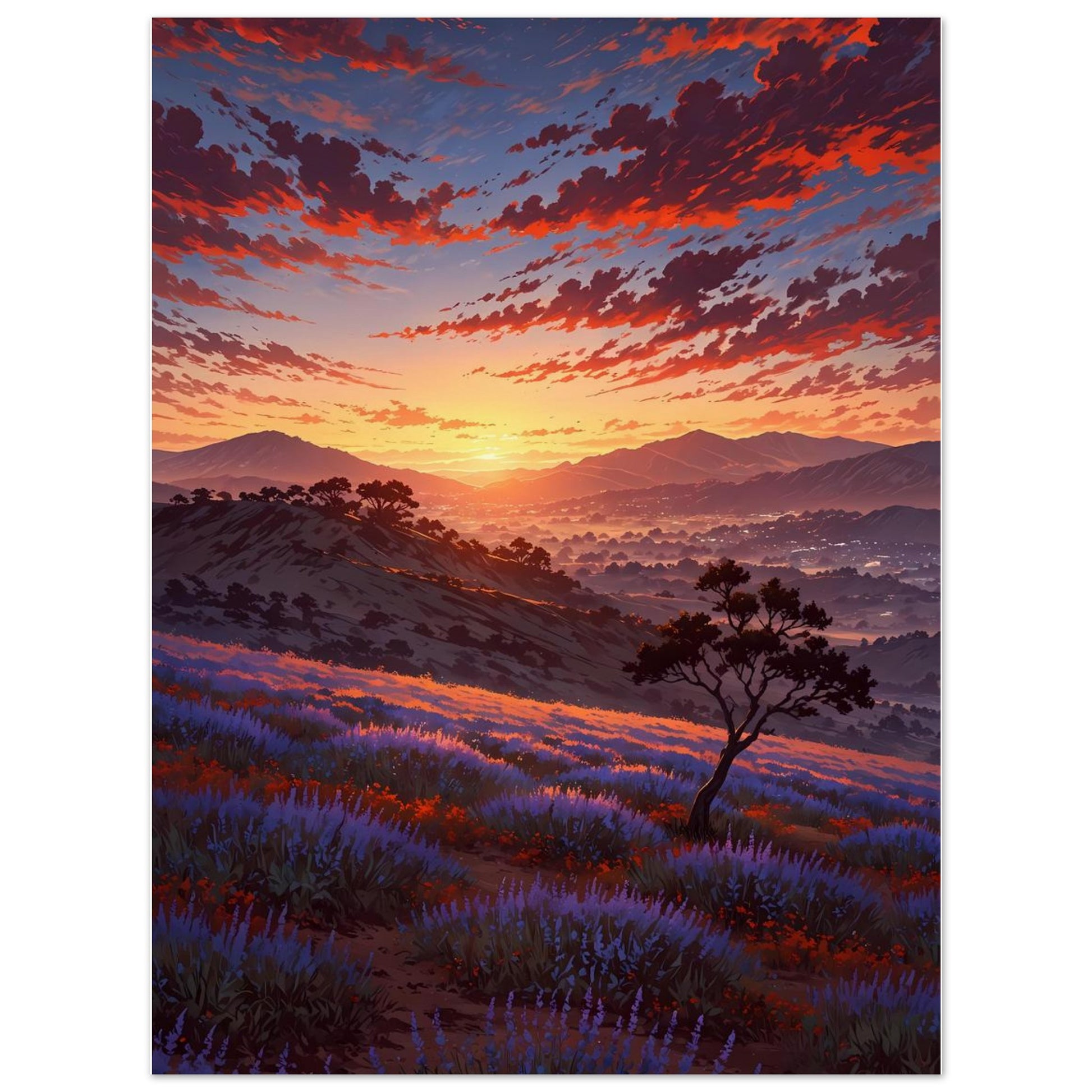 Affiche illustrée Champ de lavande, poster rétro, impression beaux-arts 250g