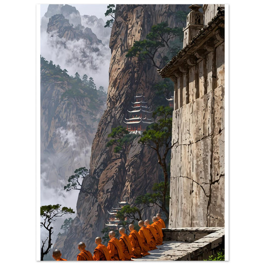 Moines en méditation, Temple dans la montagne, Brume matinale – affiche d'art décoratif, poster mural | Muchimura