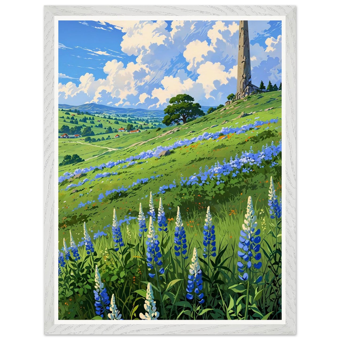 Affiche illustrée Champ de lupin bleu et violet Encadrée — poster rétro, impression beaux-arts 250g