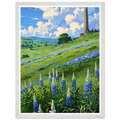 Affiche illustrée Champ de lupin bleu et violet Encadrée — poster rétro, impression beaux-arts 250g