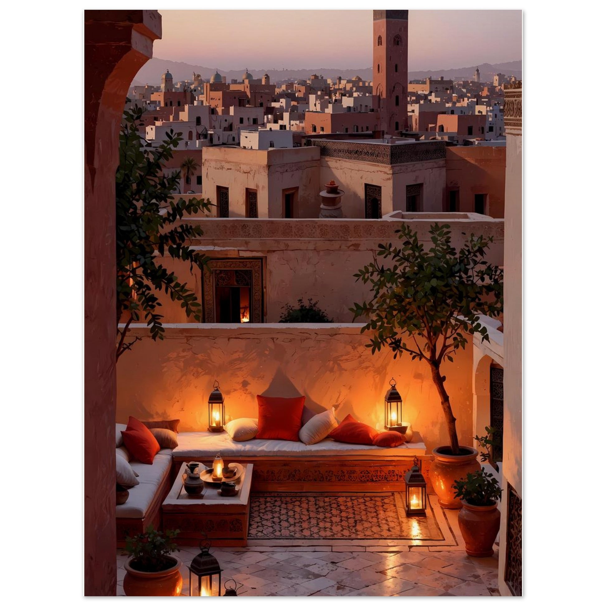 Affiche illustrée Terrasse de riad, poster rétro, impression beaux-arts 250g