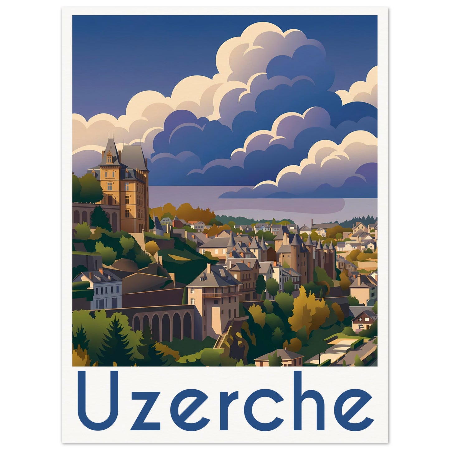 Affiche illustrée Uzerche — poster rétro, impression beaux-arts 250g