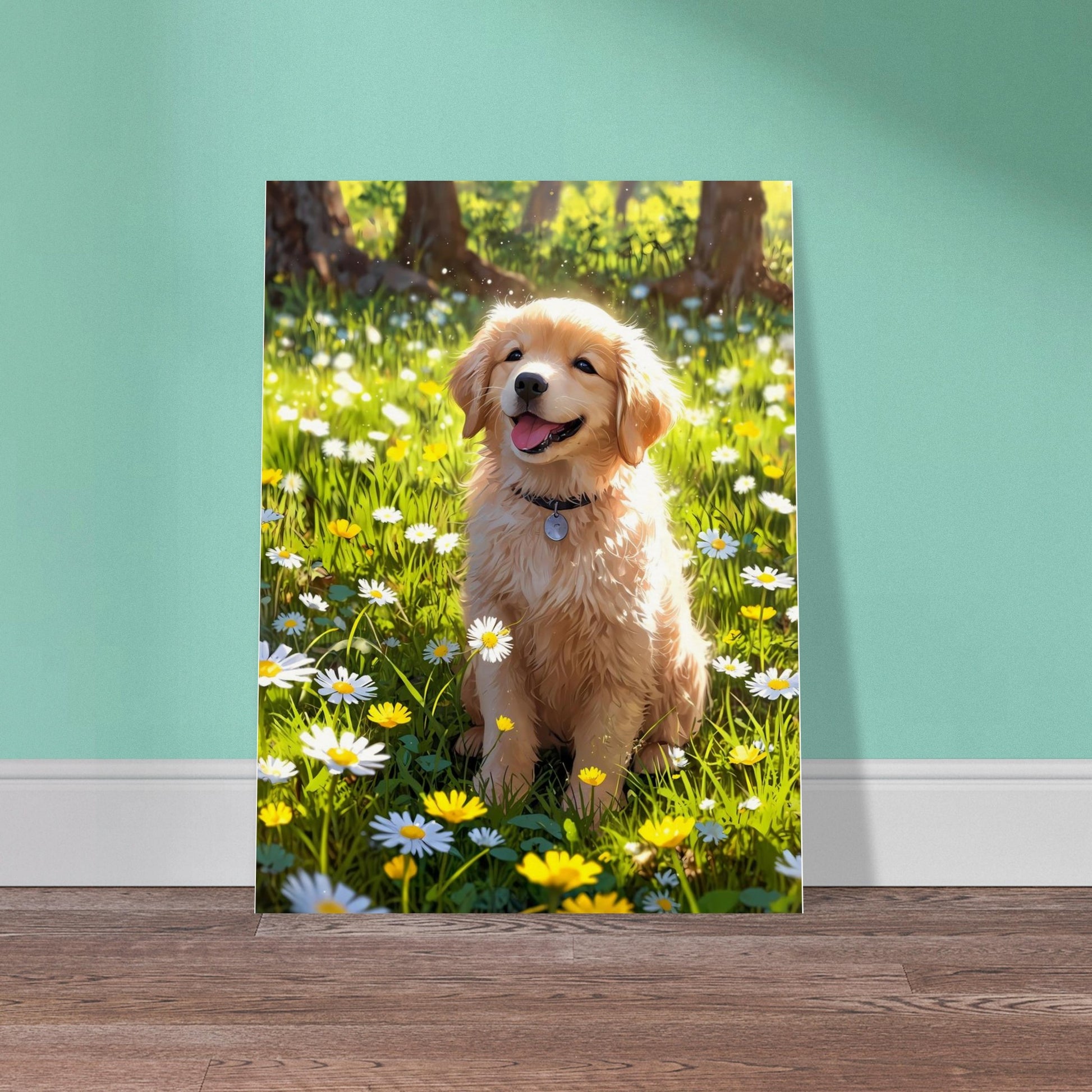 Affiche Golden Retriever Chiot, mise en situation dans un intérieur