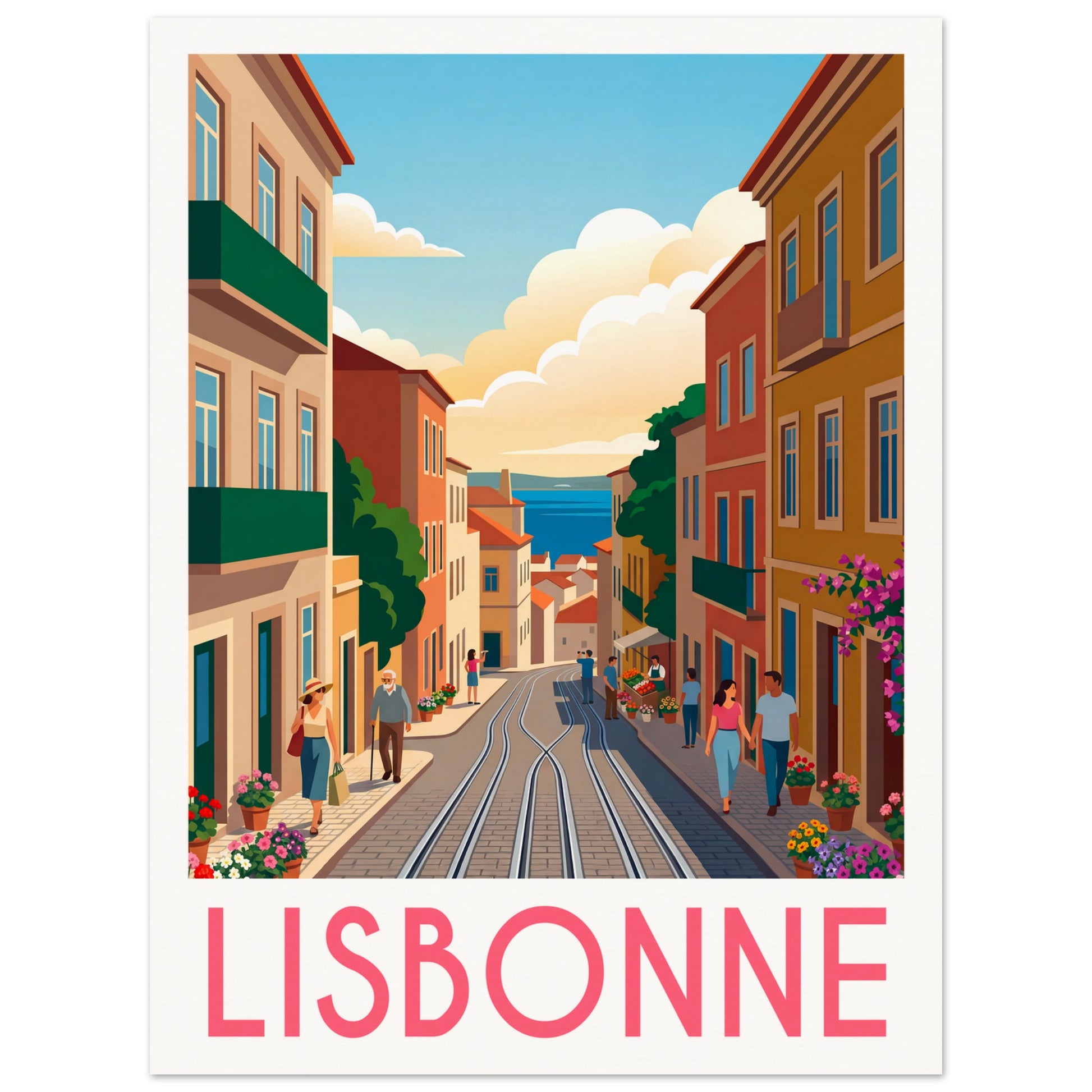 Affiche illustrée Lisbonne, poster rétro, impression beaux-arts 250g