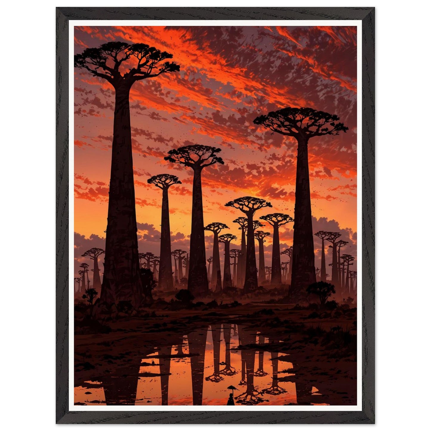 Affiche illustrée Baobabs au coucher du soleil Encadrée — poster rétro, impression beaux-arts 250g