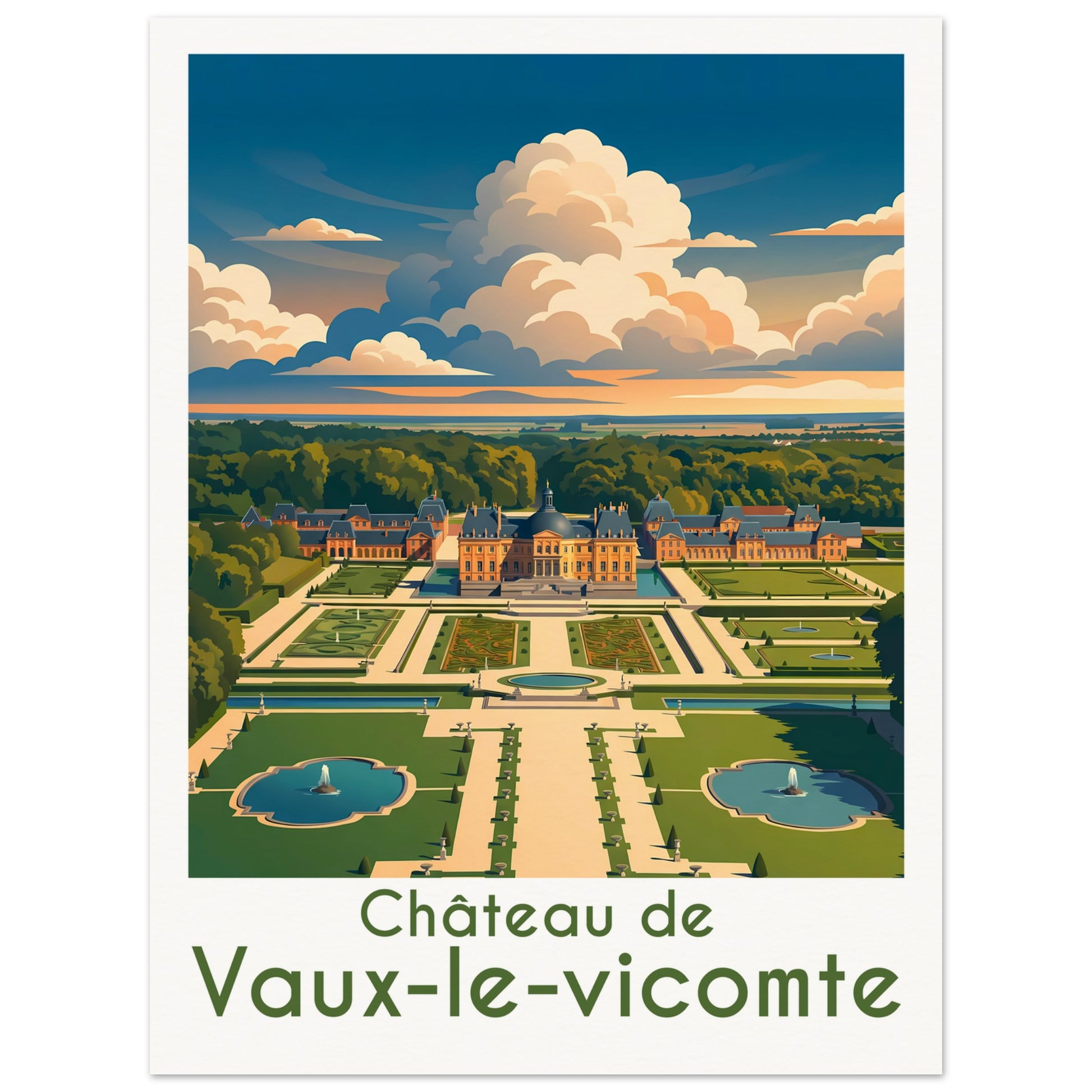 Affiche illustrée Vaux-le-Vicomte, poster rétro, impression beaux-arts 250g
