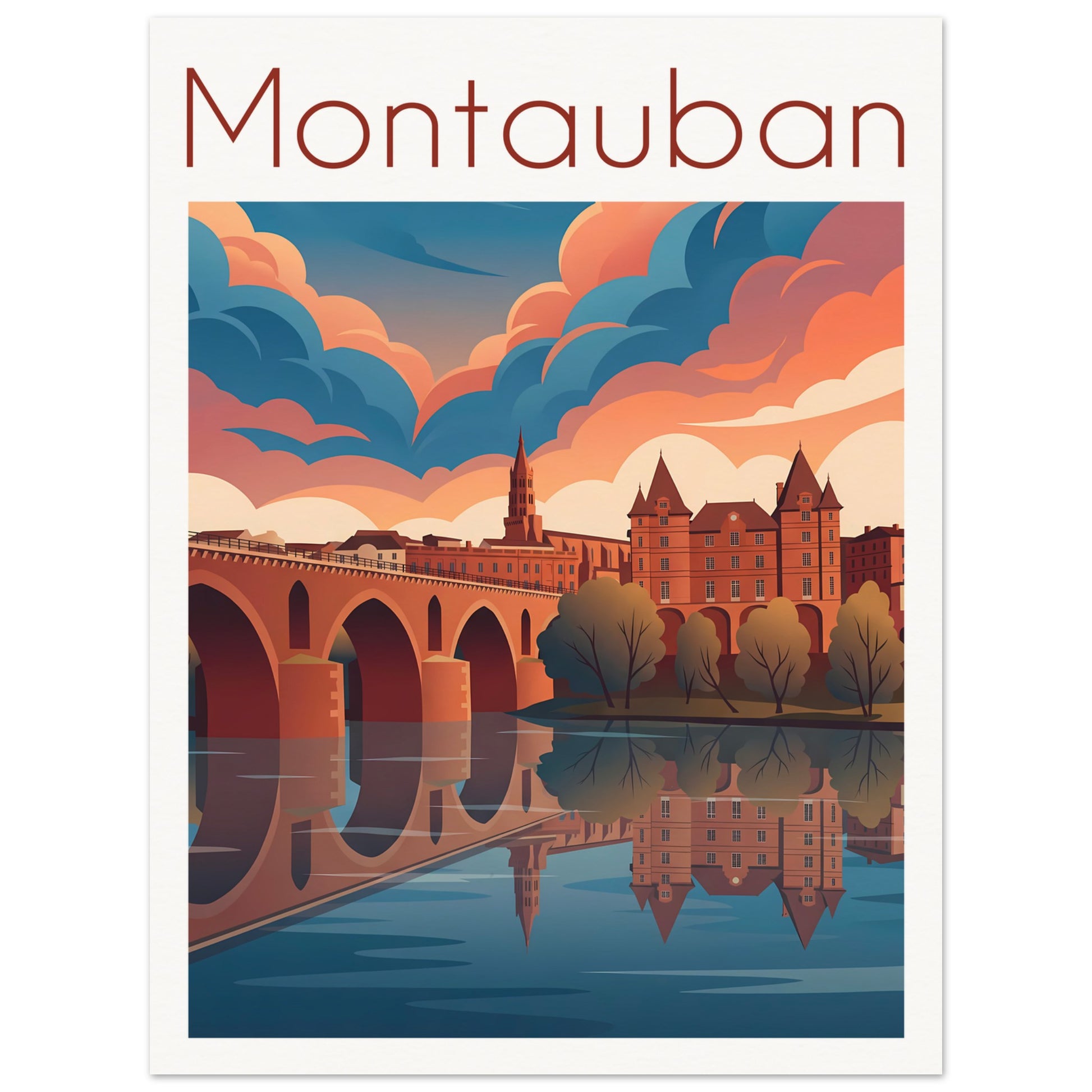 Affiche illustrée Montauban, poster rétro, impression beaux-arts 250g