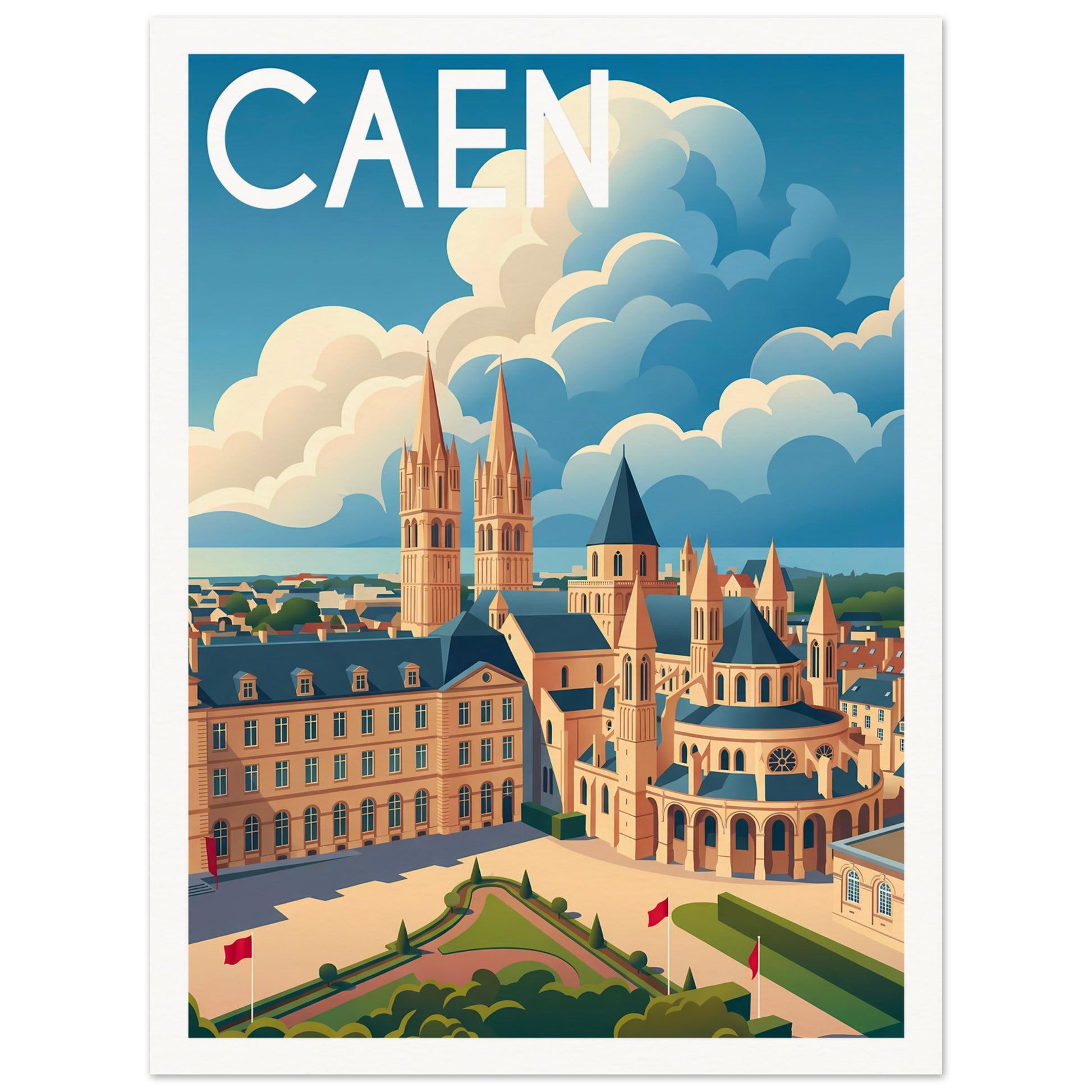 Affiche illustrée Caen, poster rétro, impression beaux-arts 250g