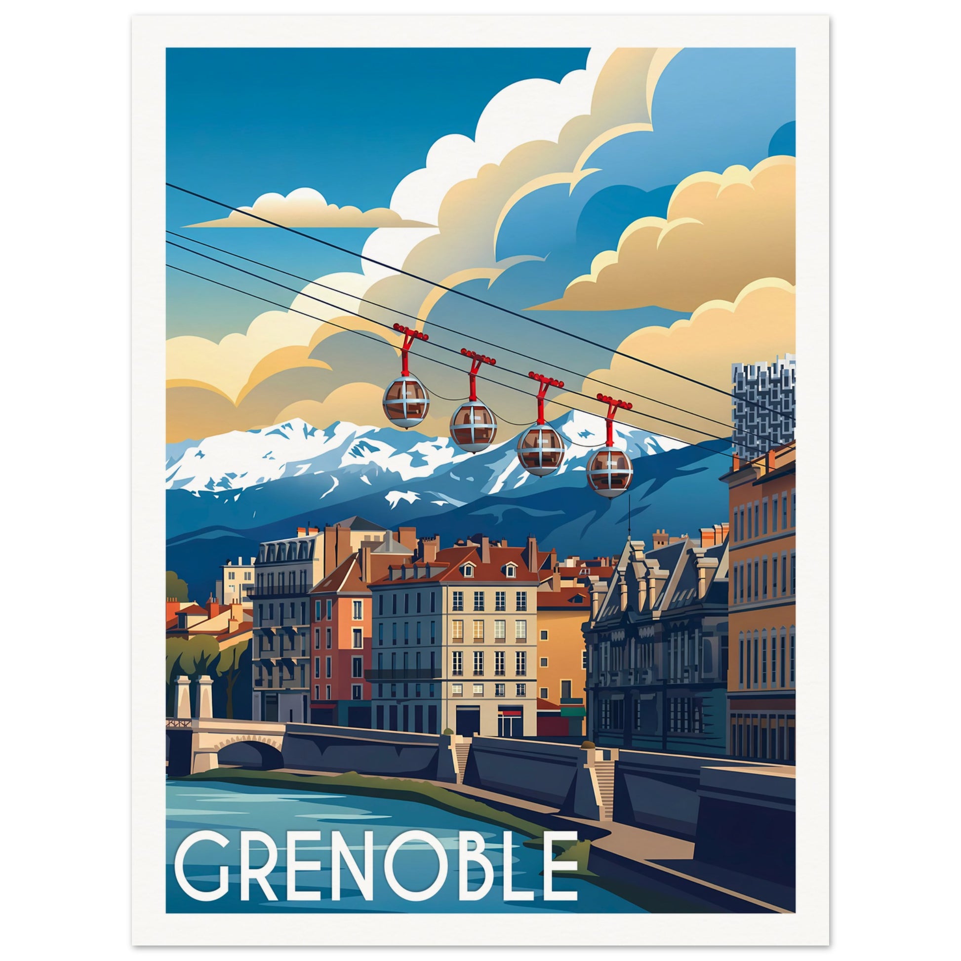 Affiche illustrée Grenoble, poster rétro, impression beaux-arts 250g