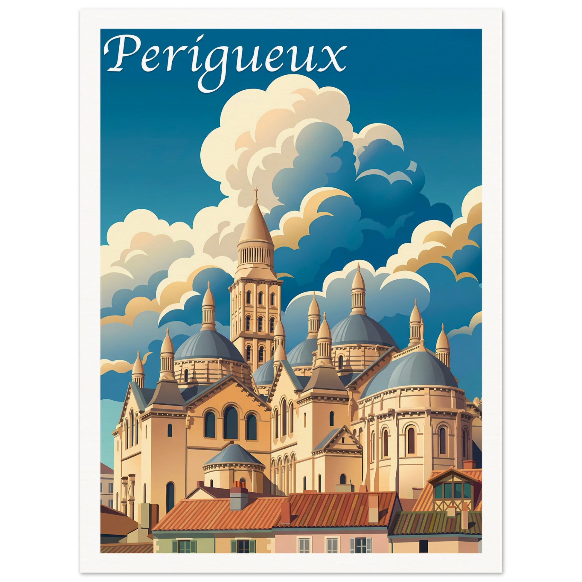 Affiche illustrée Périgueux, poster rétro, impression beaux-arts 250g