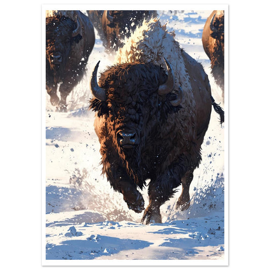 Bison, Plaine enneigée, Blizzard en mouvement – affiche d'art décoratif, poster mural | Muchimura