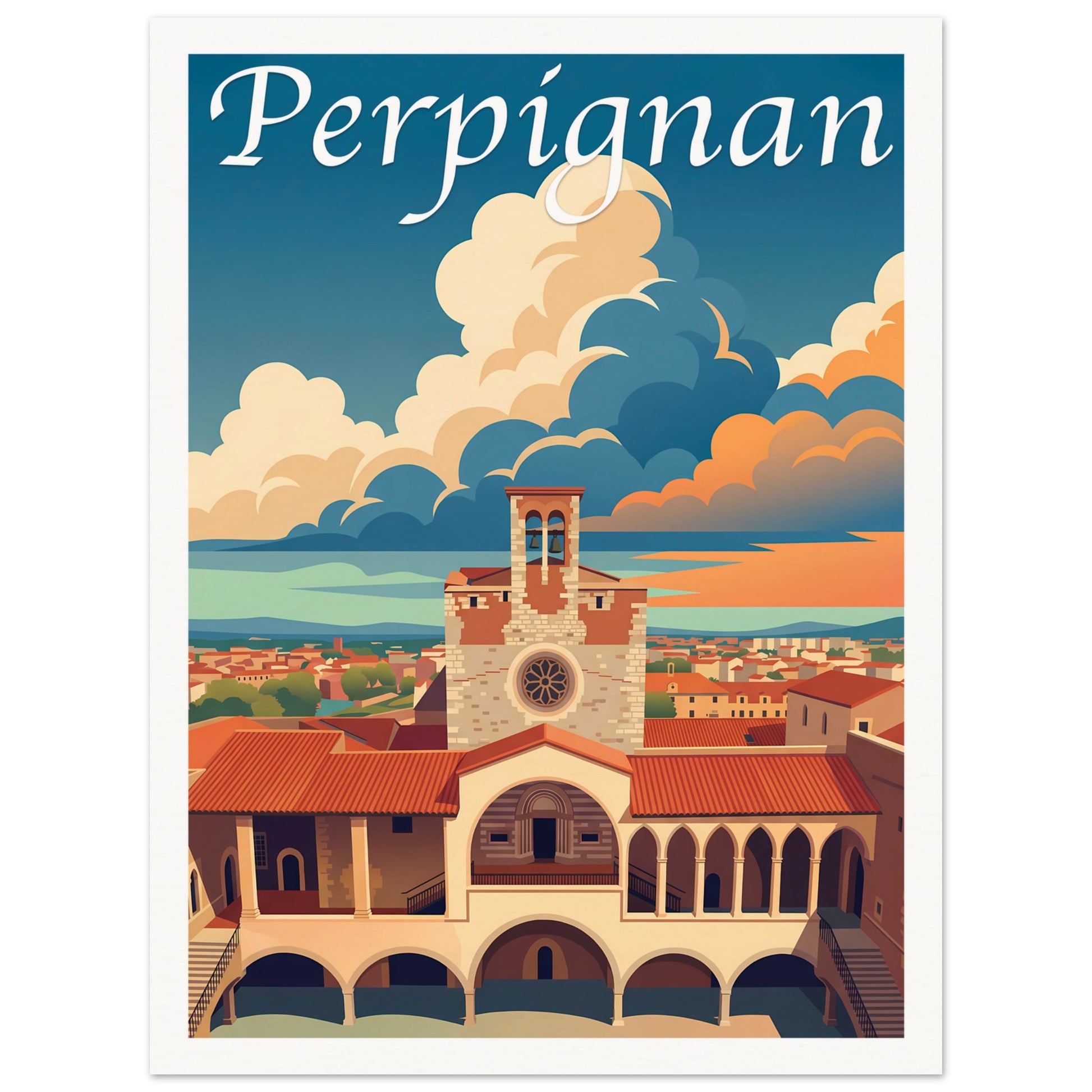 Affiche illustrée Perpignan, poster rétro, impression beaux-arts 250g
