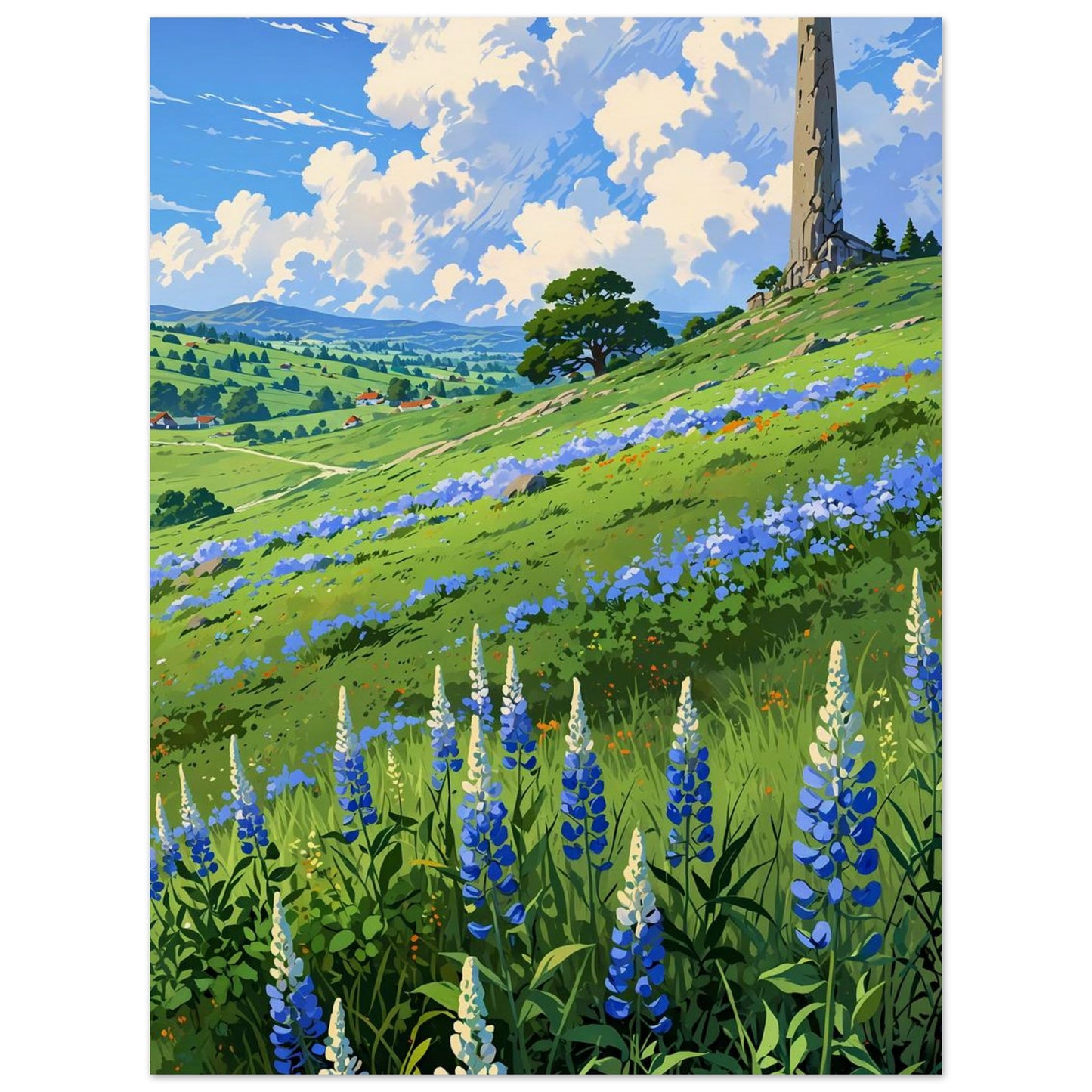 Affiche illustrée Champ de lupin bleu et violet — poster rétro, impression beaux-arts 250g