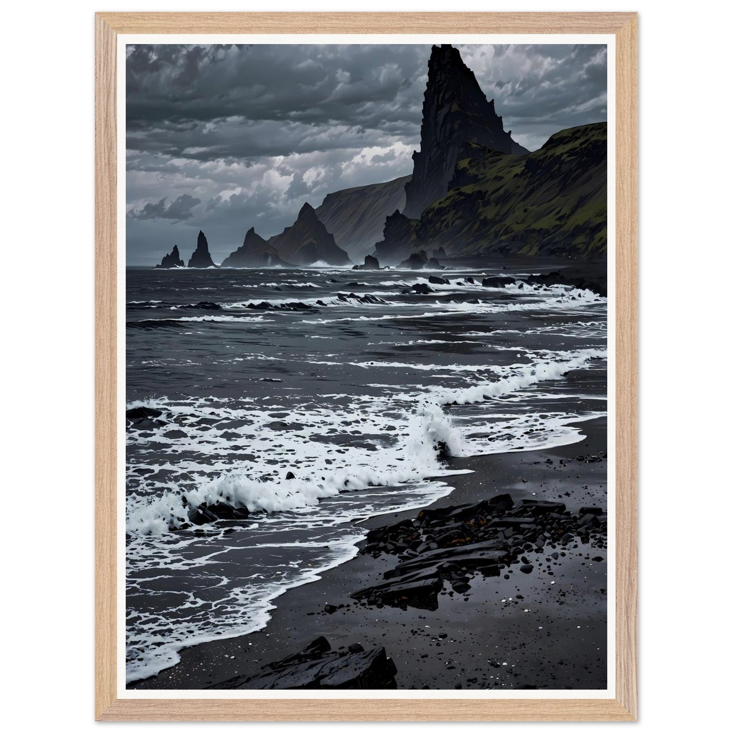 Affiche illustrée Plage de sable noir Encadrée — poster rétro, impression beaux-arts 250g