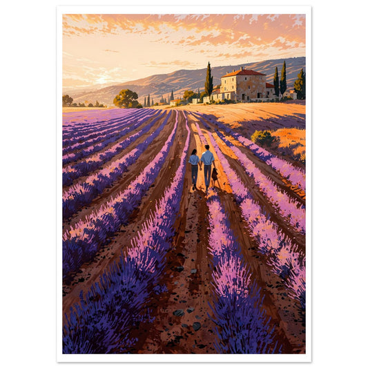 Couple, Lavandière, Village provençal, Heure dorée – affiche d'art décoratif, poster mural | Muchimura