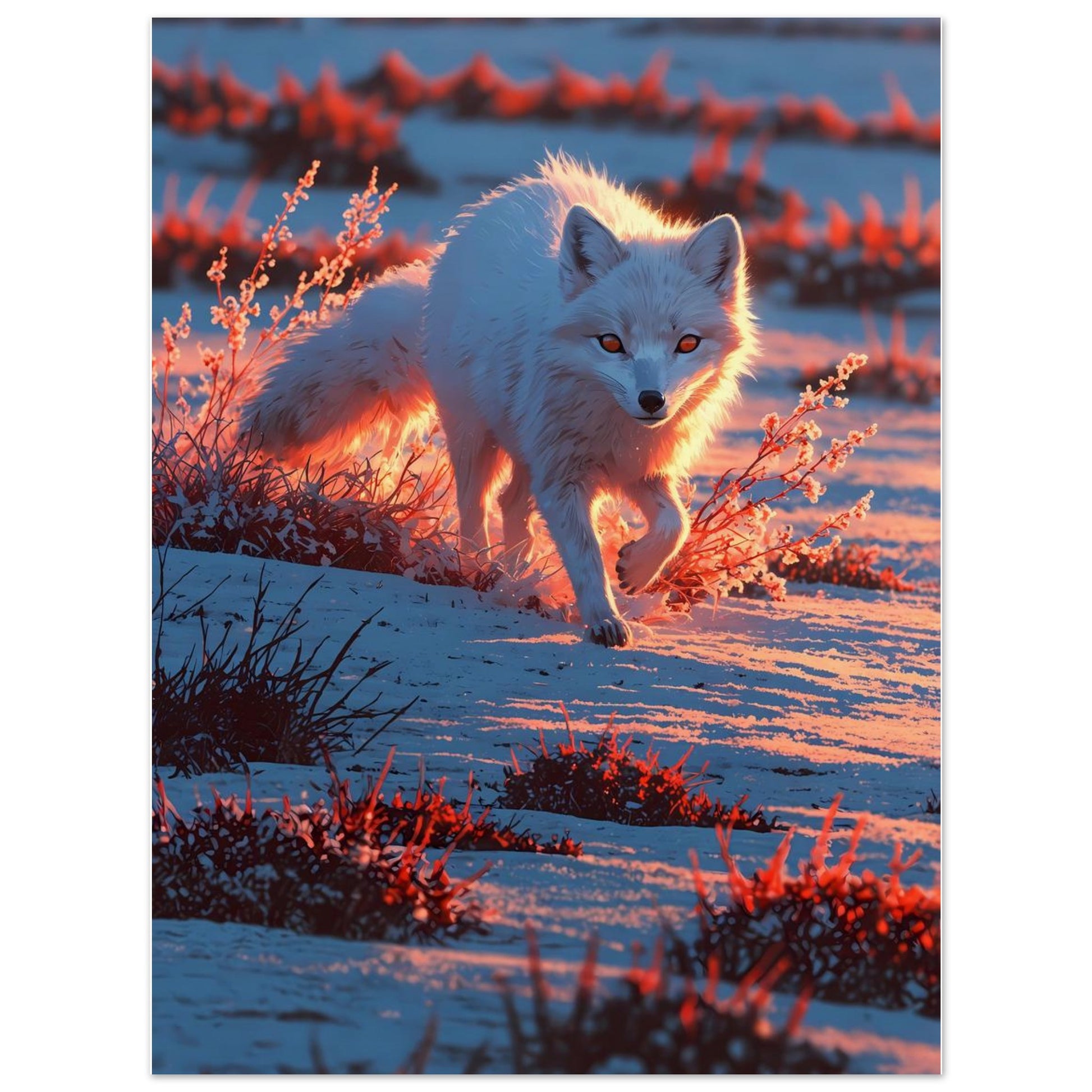 Affiche illustrée Renard arctique, poster rétro, impression beaux-arts 250g