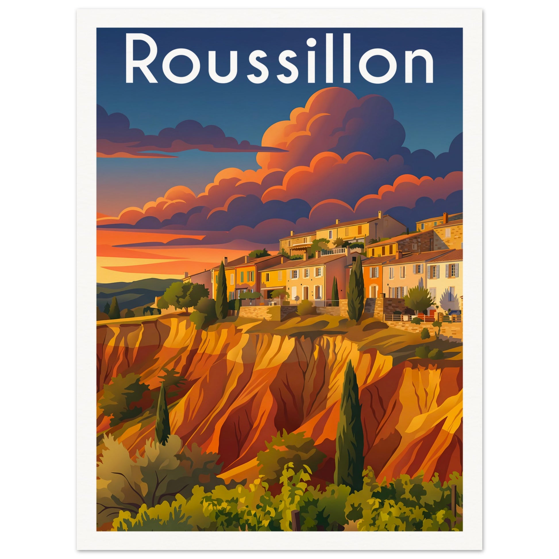 Affiche illustrée Roussillon, poster rétro, impression beaux-arts 250g