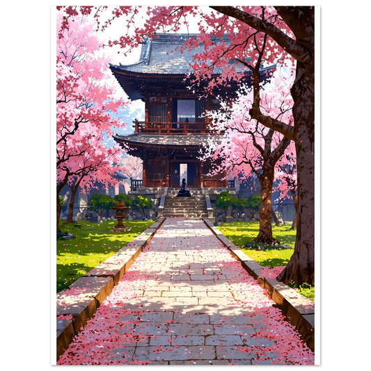 Prairie de fleurs de cerisier tombées, Temple japonais – affiche d'art décoratif, poster mural | Muchimura