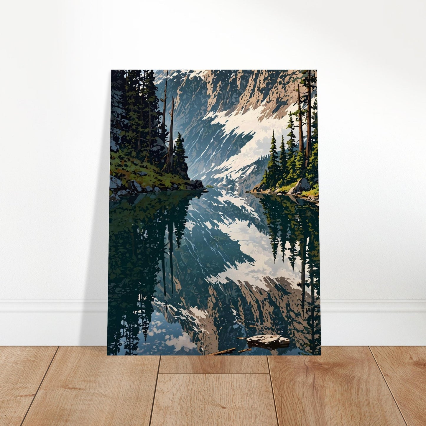 Affiche illustrée Forêt de Pins et Lac de Montagne, poster rétro, impression beaux-arts 250g