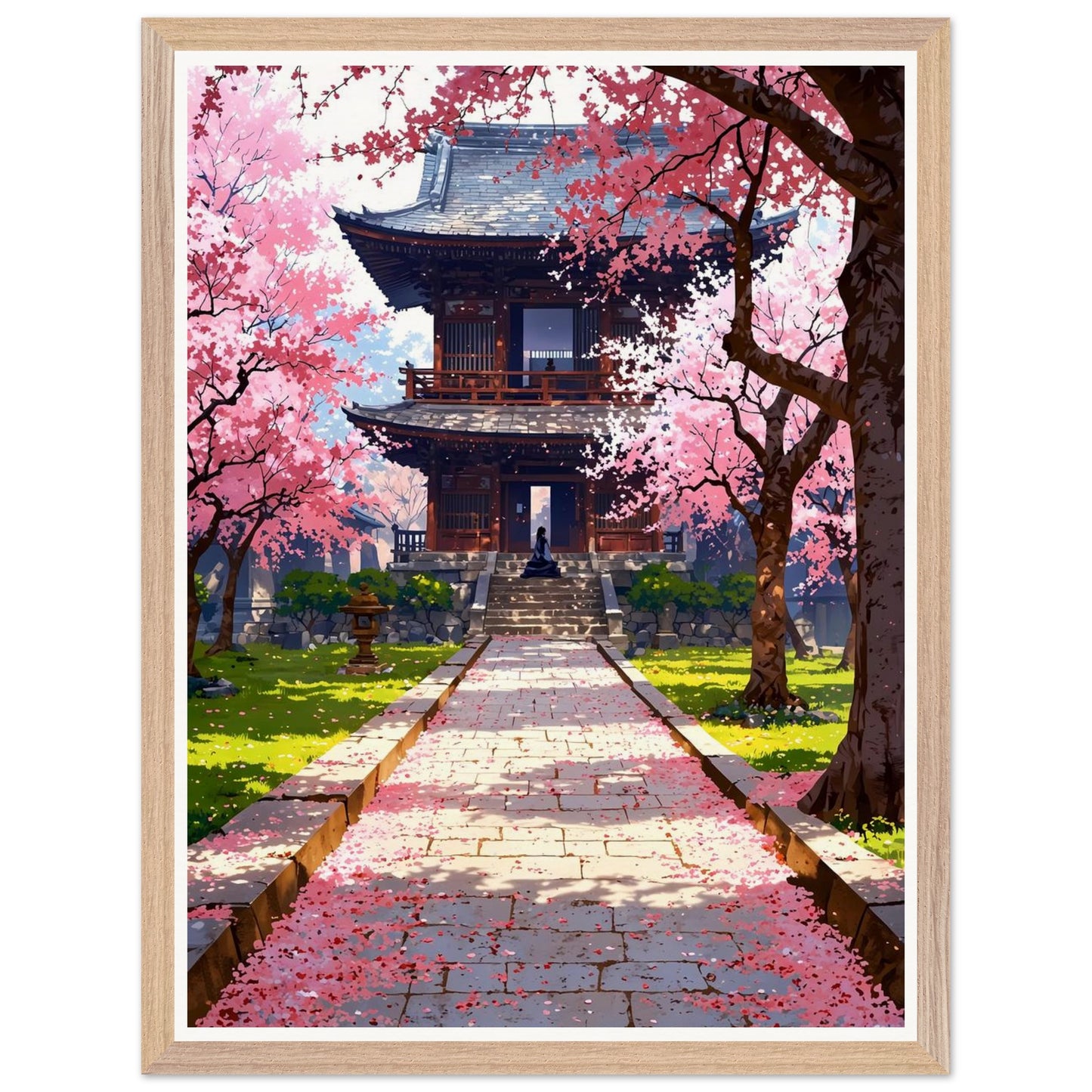 Affiche illustrée Prairie de fleurs de cerisier tombées Encadrée — poster rétro, impression beaux-arts 250g