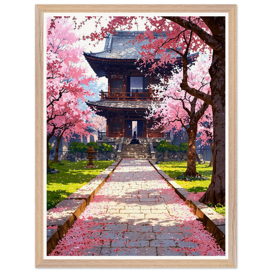 Affiche illustrée Prairie de fleurs de cerisier tombées Encadrée — poster rétro, impression beaux-arts 250g