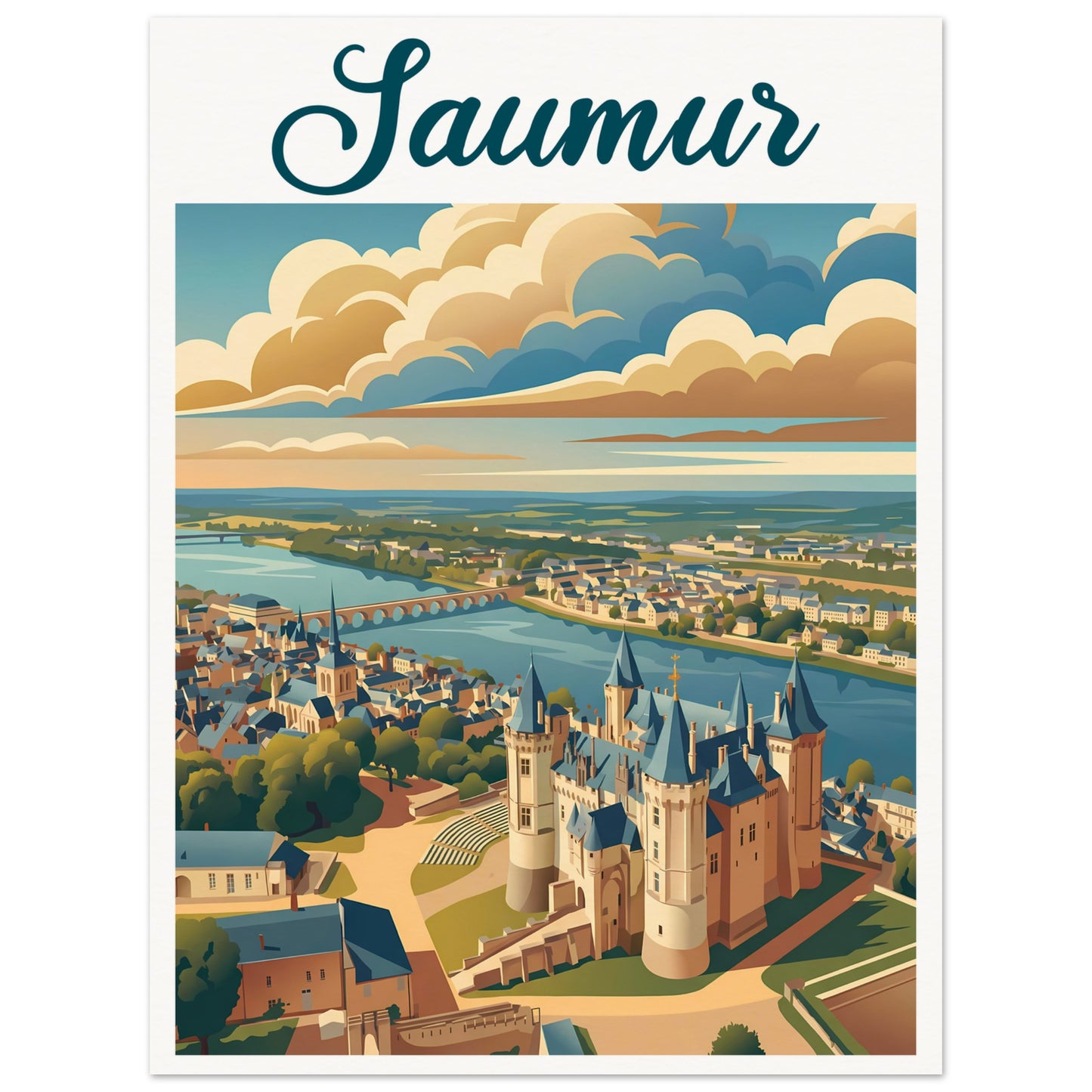 Affiche illustrée Saumur — poster rétro, impression beaux-arts 250g