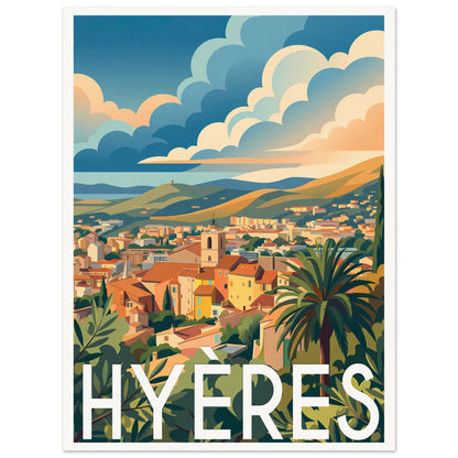 Affiche illustrée hyères — poster rétro, impression beaux-arts 250g